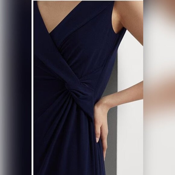 Lauren Ralph Lauren Navy Blue Portrait Collar Cap Sleeve Crepe Sheath Gown - Picture 2 of 9